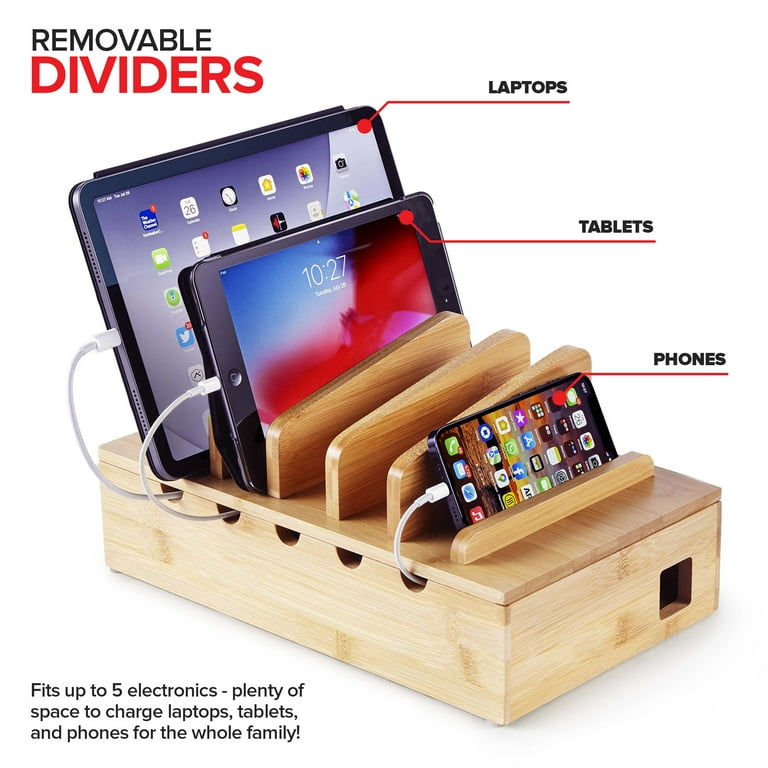 Bamboo multi-device charging station with organized cable slots