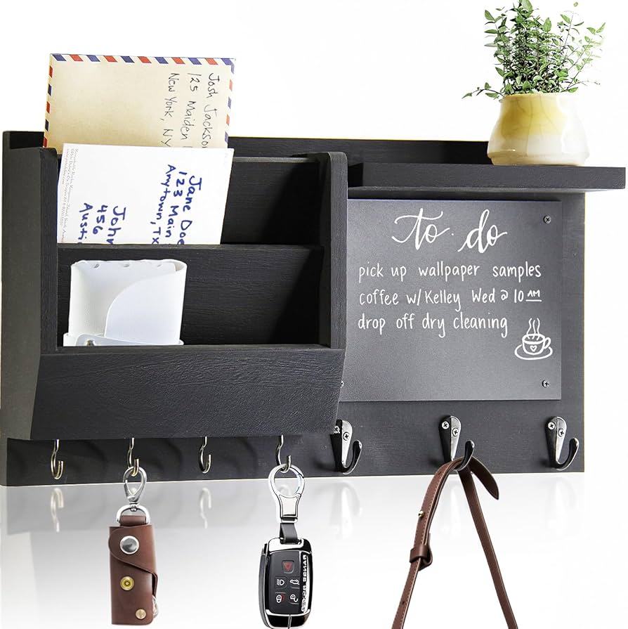 Black wooden organizer with chalkboard and multiple compartments