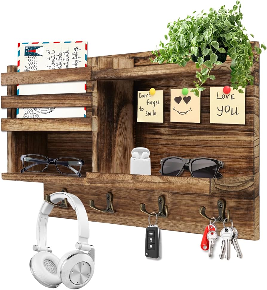 Dark wood organizer with bulletin board and multiple hooks